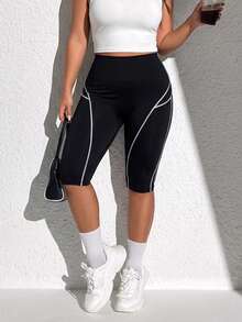Plus Size 1-Pack Seamless High-Waist Tummy Control Sports Shorts With White Contrast Stripes, For Sports Activities, Daily Wear & Workout - Black - View 3