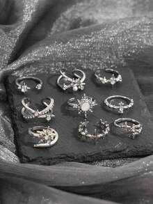 9pcs Silver Rhinestone Star Open Lava Metal Texture Easy To Match Sweet Cool Hot Girl Ring Set - Silver - View 3