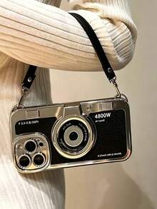 Vintage Camera Shaped Electroplated Phone Case With Crossbody Strap, Precision Lens Hollow Anti-Drop Shell, Compatible With Apple 17Pro Max/17Pro/17/16Pro Max/16Pro/15Pro Max/14Pro Max/14/13/13Pro/13Pro Max - Black - View 1