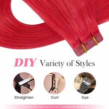 Tape In Hair Extensions 100% Remy Human Hair Red Color Invisible Tape Ins Hair Extensions For Women Highlight Color Hairpieces For Cosplay Or Daily Use 10Pcs/Pack 25g - SRed - View 5