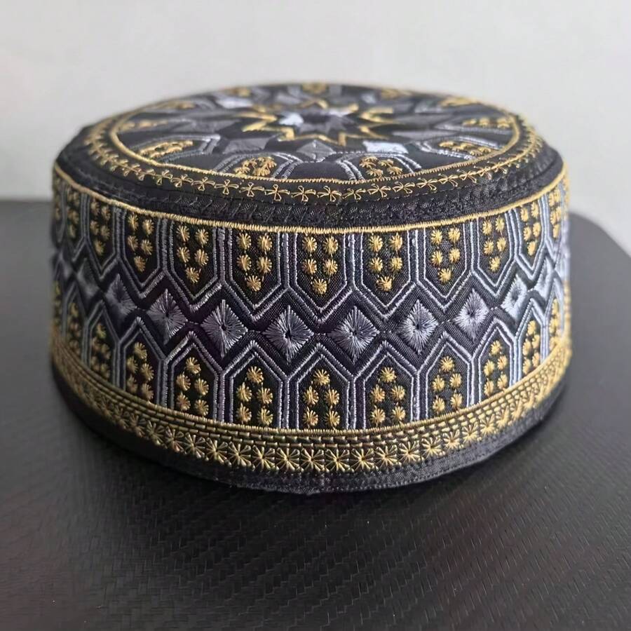 1pc Geometric Pattern Polyester Islamic Cap, Gold & Grey, All Seasons