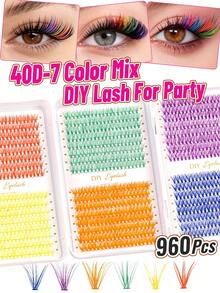 960pcs Rainbow D-Curl Colored Cluster Lashes, 6 Styles Soft Lightweight Reusable DIY Lashes, Beginner Makeup For Party, Cosplay & Back To School - D - View 2