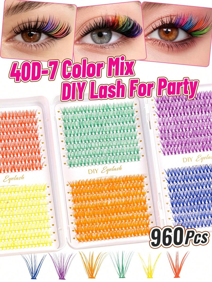 960pcs Rainbow D-Curl Colored Cluster Lashes, 6 Styles Soft Lightweight Reusable DIY Lashes, Beginner Makeup For Party, Cosplay & Back To School
