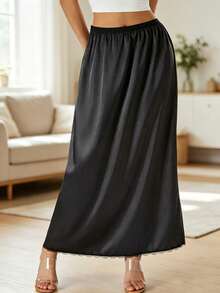 Silky Soft Versatile Anti-Exposure A-Line Mid-Length Satin Skirt With Lace And Horseface Lining For Women - Multicolor - View 2