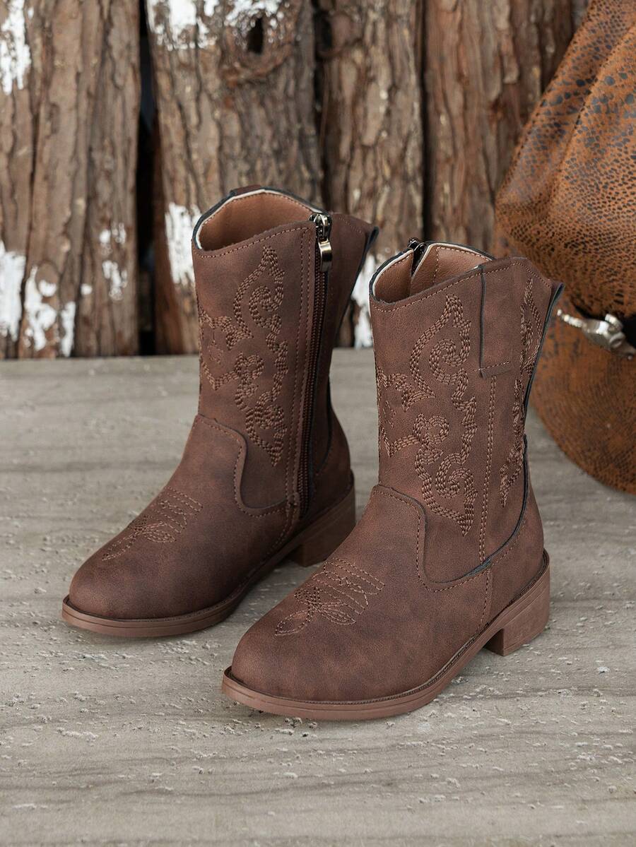 1 Pair Of Fashionable Classic Embroidered Children's Boots For All Seasons, Unique Style, Western Cowboy Boots, Midcalf Boots Suitable For All Kinds - Coffee Brown - View 1