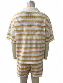 Women's Crochet Striped 2 Pieces Set, Includes A Button-Up Collar Top And Shorts, Perfect For Elegant Summer Casual Wear - Pink - View 10