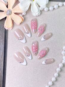 10pcs Handmade Press-On Nails, Short Almond Shape White False Nails, Gradient Pink Swirl Texture, Embellished With 3D Pink Flowers And Center Crystal Rhinestones, Suitable For Office Commute And Romantic Date Occasions - 淺粉色 - 查看 12