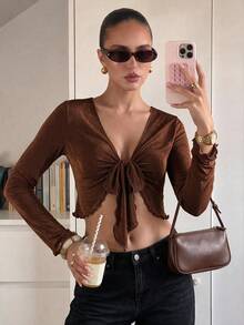 Sookaug Sexy V-Neck Tie-Front Knit Sweater, Women's Cropped Long Sleeve Ruffle Edge Top - Brown - View 5
