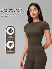 MFVIM Women 2pcs Solid Color Slim Fit Short Sleeve T-Shirt And Capris Leggings, Casual Outdoor Sports Fitness Set - Coffee Brown - View 2