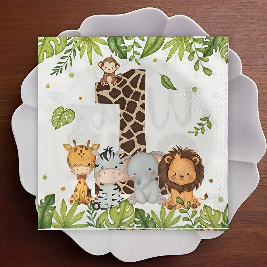 20pcs Colorful Leaf Pattern Napkins, 1st Birthday Animal Pattern Face Tissues, Colorful Printed Napkins - Jungle Animals - View 1