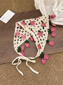 1pc Cute Country Style Women's Square Scarf, Beige Knitted Floral Hollow Lace-Up Triangle Headscarf, Hair Accessory Headband, Warm Headscarf, Suitable For Summer Outfit, Vacation Party Holiday Headscarf - Multicolor - View 11