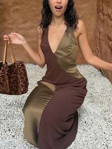 Women's Sexy Halter Neck Sleeveless Backless Maxi Dress, Medium Stretch Knit Fabric, Slim Fit - Brown - View 4
