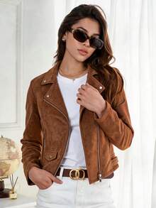 SS-Sunrise Fashion Fashionable Women's Motorcycle Jacket, Brown Suede Material, Zipper Front, Long Sleeve Design, Perfect Choice For Autumn/Winter Outfits. Fall - Brown - View 1