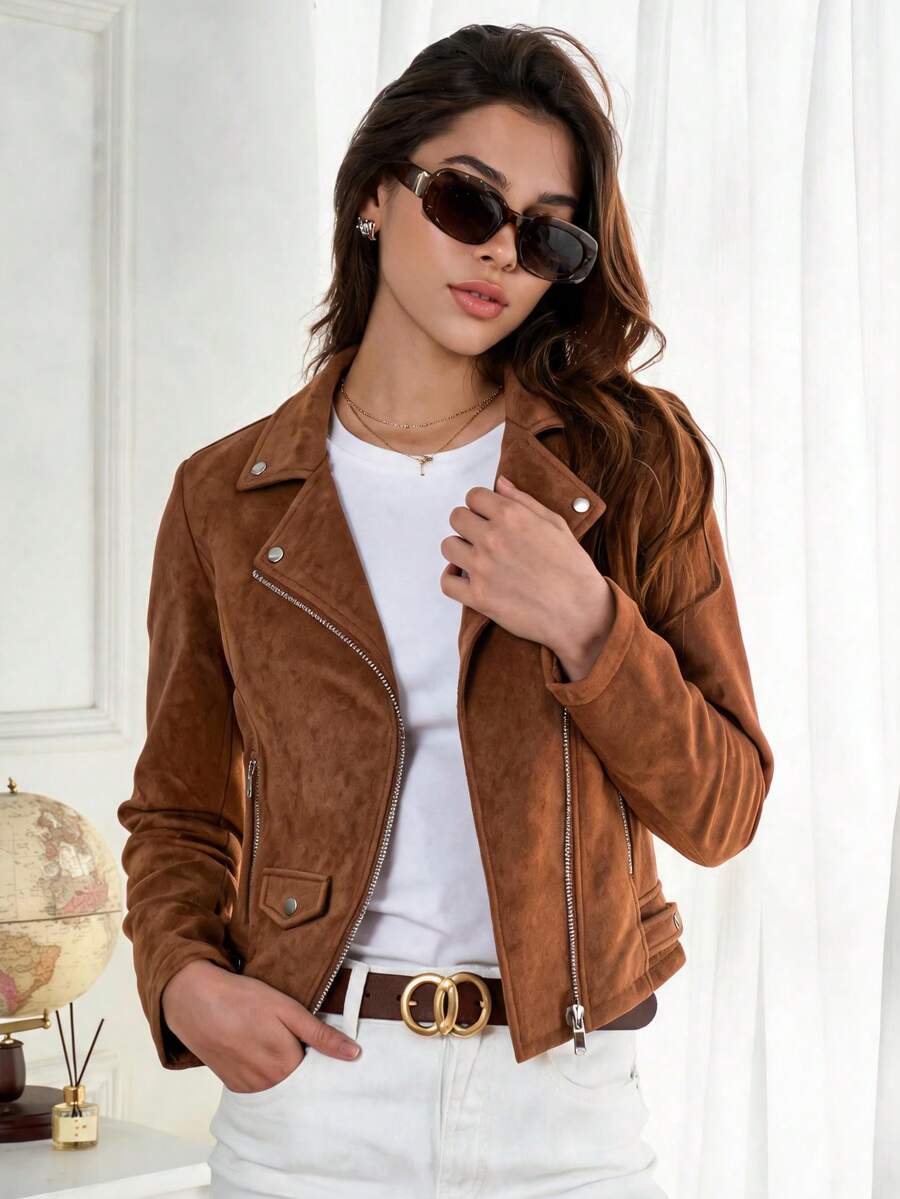 SS-Sunrise Fashion Fashionable Women's Motorcycle Jacket, Brown Suede Material, Zipper Front, Long Sleeve Design, Perfect Choice For Autumn/Winter Outfits. Fall - Brown - View 1