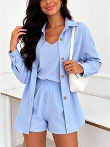 Women's 3-Piece Summer Set Shirt, Minimalist Vacation PJ Set Elegant - Sky Blue - View 3