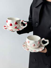 1 Set 3D Colorful Heart-Shaped Ceramic Coffee Cup And Saucer Set, INS Cute Style Embossed Heart Mug With 6-Inch Ruched Edge Plate, Suitable For Coffee, Tea, Commercial Use, All-Season Cup And Saucer - Multicolor - View 3