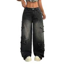 Women High Waist Star Patch Raw Edge Wide Leg Jeans, Black Gray Gradient Floor Length Straight Denim Pants, Y2K Street Casual Long Trousers - Grey - View 6