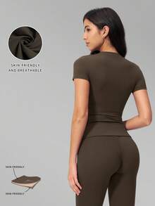 MFVIM Women 2pcs Solid Color Slim Fit Short Sleeve T-Shirt And Capris Leggings, Casual Outdoor Sports Fitness Set - Coffee Brown - View 4