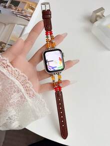 1pc Girls Kids Star Crystal Beaded Leather Watch Band Compatible With Apple Watch 41mm 40mm 38mm AppleWatch Leather Strap Elastic Casual Band Series11 10 9 8 7 6 5 4 3 2 1 SE Suitable For Stepless Adjustment Soft Smart Watch Band - Multicolor - View 18