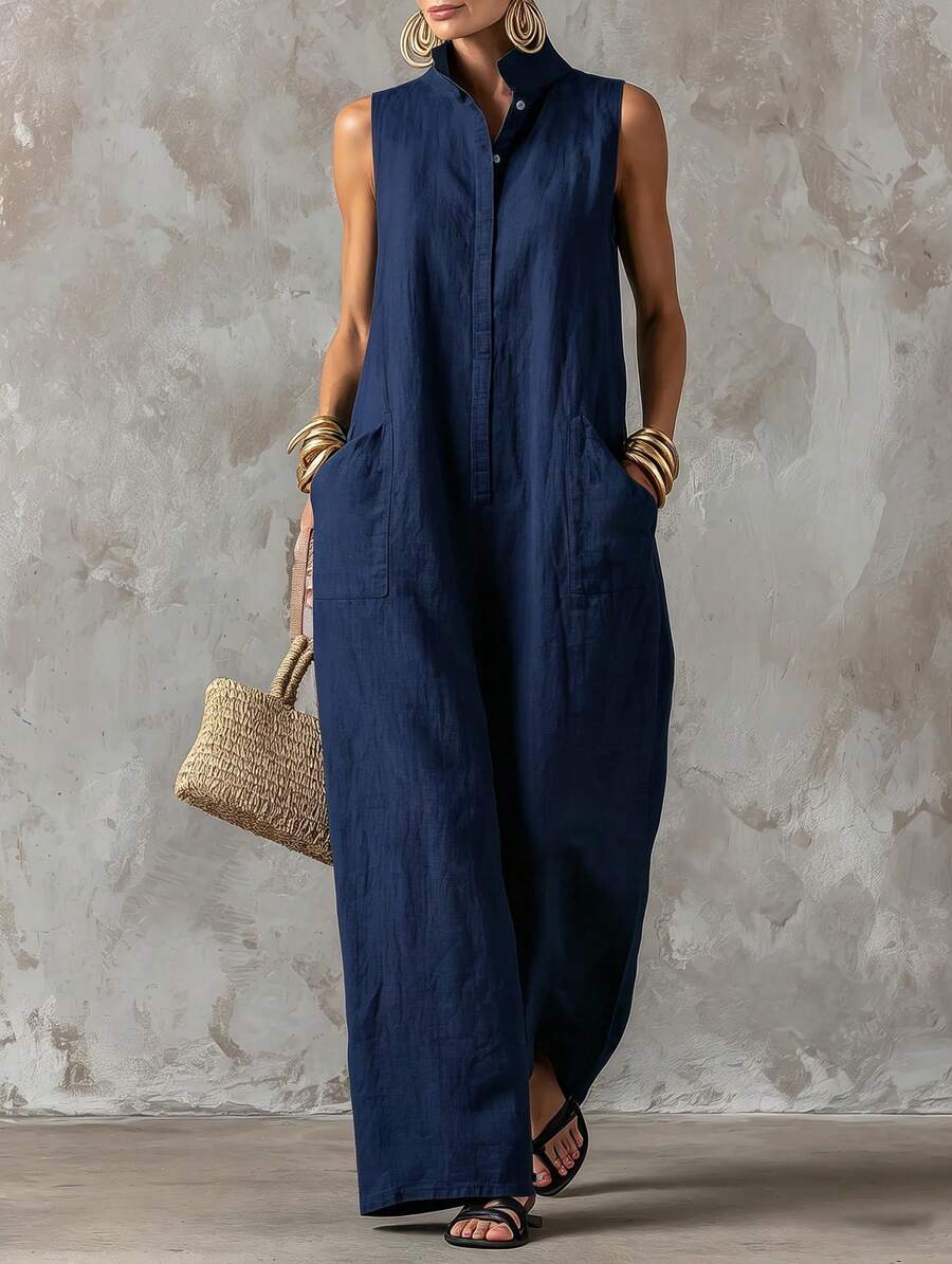 Women's Sleeveless Collared Button Front Top And Wide Leg Pants Two Piece Set Casual Linen Blend Outfit Collection - 深藍色 - 查看 1