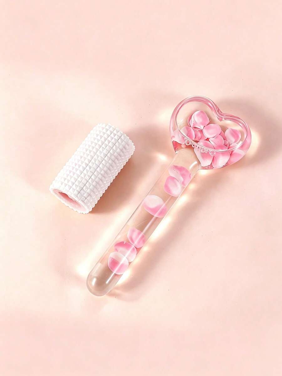 1pc Heart-Shaped Petal Embedded Ice Roller Facial Cold Compress Massage Ice Ball De-Puffing Soothing Redness Skin Care Ice Therapy Tool - Pink - View 1