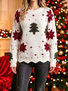 Women's Round Neck Contrast Christmas Tree Snowflake Jacquard Wavy Hem Fall/Winter Loose Fashion Knit Pullover – New Year & Christmas Festive Sweater - White - View 5