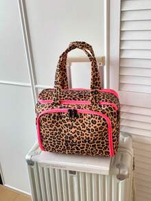 Leopard Print Large Capacity Makeup Bag, Multi-Compartment Brush Storage Pockets Portable Travel Cosmetic Organizer Handbag - Brown - View 3