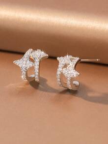 1 Pair/Luxury Style Gold & Silver Dual-Tone Plated Hollow Full-Pave Zirconia Star Half-Hoop Stud Earrings, Women's Daily Commute Date Birthday Valentine's Day Gift Earrings - Multicolor - View 9