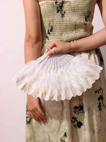 1pc Fairy Realistic Feather Fan, Suitable For Dance Party Stage Performance - White - View 3