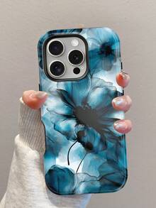 1pc Fashionable 2-In-1 Phone Case, Lake Blue Ink Floral Design, Full Coverage Hard Shell, Compatible With IPhone 17 Pro, 16e, 16 Pro, 15 Pro, 14, 13, 12, 11, XR And XS, Elegant Design Suitable For Men And Women, Perfect Gift For Girlfriend On Christmas, Valentine's Day, Easter, Wedding Season And Birthday - Teal Blue - View 3