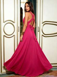 Versatile Solid Color Long Bridesmaid Dress, Twisted Waist A-Line Formal Wedding Party Evening Gown - Hot Pink - View 4