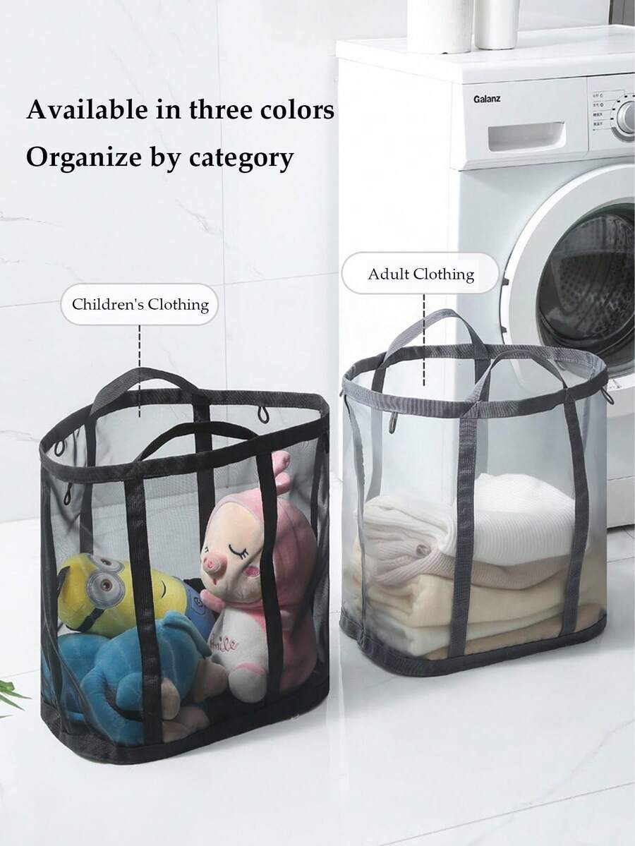 1pc Transparent Mesh Laundry Basket, Large Capacity With Handle And Hanging Hole Design, Foldable Toy Storage Bag - Multicolor - View 1