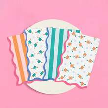 Colorful Vertical Stripe & Floral Disposable Napkins | Wavy Scalloped Edge, Fresh Contrast Print | Picnic BBQ, Bridal Shower & Holiday Table Setting Essential - Blue - View 3