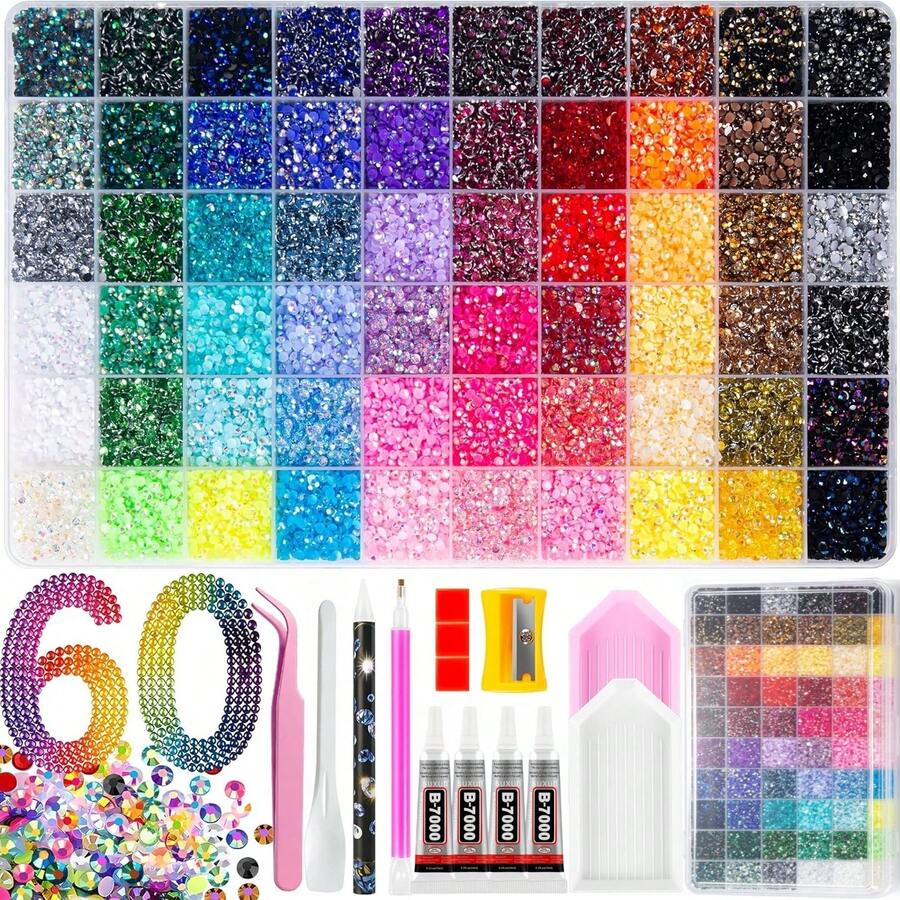 48.000 viên đá resin jelly 60 màu, đá đính mặt phẳng đa màu trang trí, phù hợp cho tranh đính đá, gồm 4 chai keo dán trang sức B7000 10ml và dụng cụ, quà tặng Giáng Sinh sinh nhật cho nữ