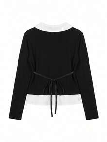 2 in 1 Colorblock Patchwork Long Sleeve TShirt Ballet Style Top Casual Black - Hitam - View 3