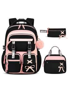 3-Piece Detachable Ribbon Backpack Set, Buckle Design School Bag With Tote Bag And Pencil Case, Suitable For Campus And Travel - A - View 11