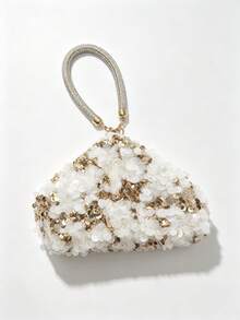 Tidet Ever Luxury Sparkling White Gold 3D Sequin Triangle Clutch Bag With Rhinestone Handle, Suitable For Wedding Ball Party Night Handbag - Gold - View 3