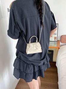 迷你蝴蝶結裝飾時尚純色女款手提包 休閒翻蓋方包 通勤托特包 秋季新款單肩斜跨包 - 白色 - 查看 7