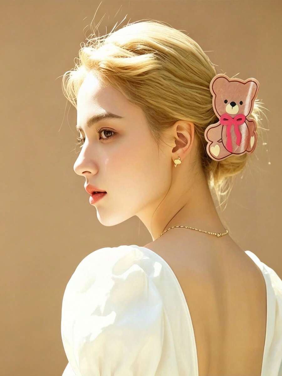 1pc Cute Mottled Brown Bear Claw Clip, Pink Bow & Heart Decor Acrylic Large Hair Claw, Adorable Cartoon Animal Non-Slip Hair Accessory, Suitable For Women's Daily Half-Up Hairstyle - Multicolor - View 1