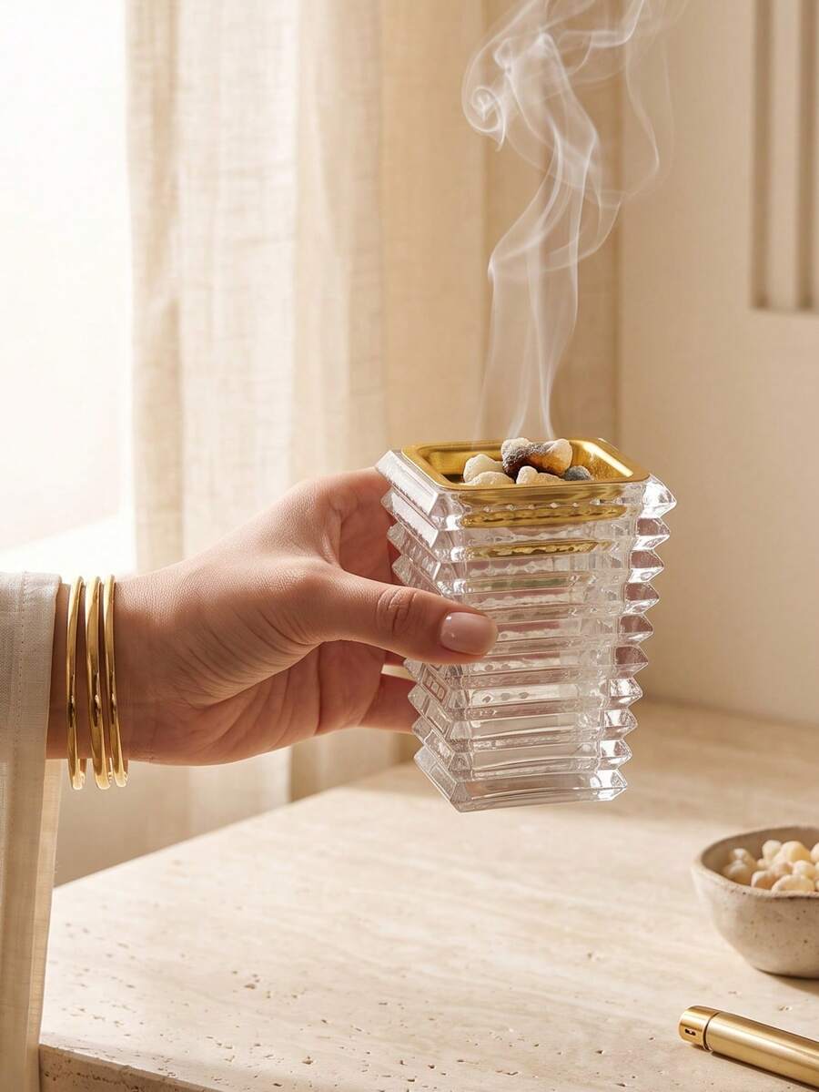 1件/套玻璃香爐，現代透明堆疊紋理Bakhoor香爐，金色邊緣，適用於家居裝飾、客廳、臥室、辦公室、酒店、房屋入口、桌面、瑜伽工作室和派對，營造優雅氛圍