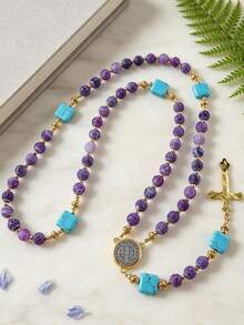 GO2CJBEADS 1pc Natural Cracked Stone Bead Necklace With Cross Pendant, Beaded Necklace Religious Prayer Accessory, Classic Vintage Religious Gift - Z0700P - View 11