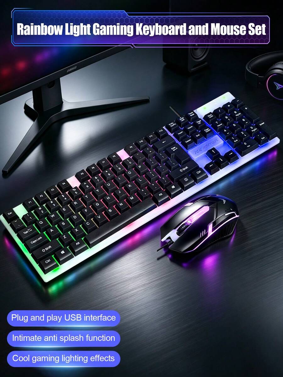 Kombo Keyboard dan Mouse Gaming Berkabel, Keyboard Mekanik dengan Lampu Latar LED RGB Pelangi, Mouse Gaming Ergonomis, USB Plug and Play, Anti Percikan Air, 104 Tombol, Tutup Tombol Mengambang, Set Gaming untuk PC, Laptop, Desktop, Gamer, E-Sports, Kantor - View 1