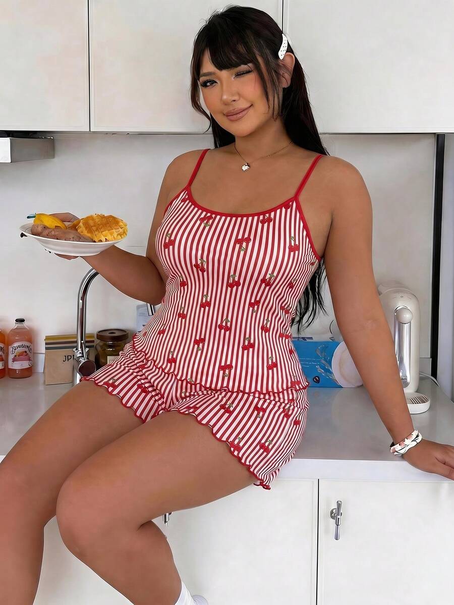 Women's Plus Size Pajama Set, Camisole Top And Shorts Set, Loose Comfortable Casual, Summer Clothing - Red - View 1