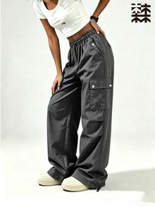 mulinsen Women's Elastic Waist Multi-Pocket Cargo Pants, Loose Wide Leg Drawstring Hem Casual Streetwear Long Pants - Dark Grey - View 5