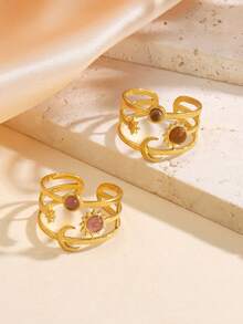 2pcs Stainless Steel 18K Gold Plated Triple Layer Hollow Star Moon Sun Open Ring Set, Suitable For Women's Daily Commute Wear - Multicolor - View 2
