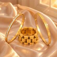 3pcs/Set Women's Luxury Gold-Plated Bracelet & Ring Set, Classic Watch Strap Texture Wide Ring With Greek Key Pattern Rhinestone Stackable Bangle, Old Money Style Elegant Accessories, Versatile For Daily Wear - Gold - View 5