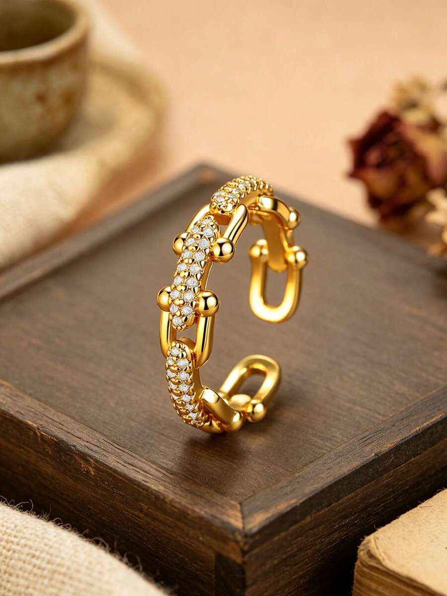 1 pieza Anillo de dedo con cadena de circonita microincrustada, anillo de estilo minimalista elegante para mujeres - Anillo con forma de herradura - Ver 1