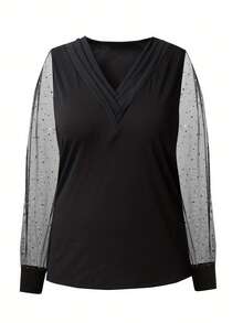 Plus Size Women's V-Neck Mesh Long Sleeve T-Shirt, Casual Summer/Autumn Top - Black - View 5