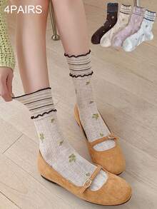 4 Pairs Women's Socks, Spring/Summer Comfortable Versatile Thin Style, Vintage Floral Double Ruffle Edge, Lightweight Breathable Versatile Slouchy College Style Mid-Calf Socks, Suitable For Students Daily Wear, Gatherings, Home Wear, Perfect Gift Choice - Multicolor - View 8