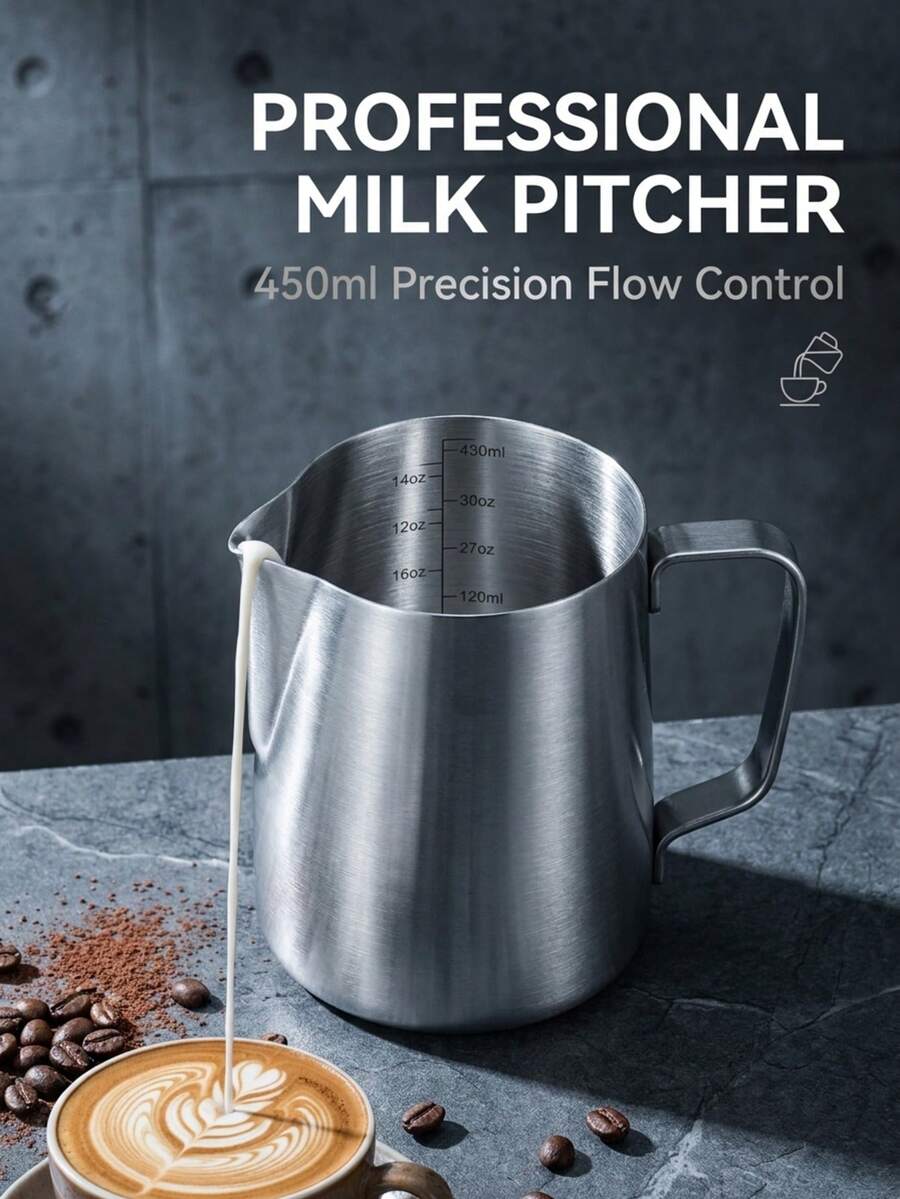 450ml Stainless Steel Milk Frothing Pitcher With Built-In Measurement Markings, Professional Flow Control Design For Latte Art, Ergonomic Handle Espresso Steam Milk Cup, Suitable For Baristas, Home And Cafe - Multicolor - View 1